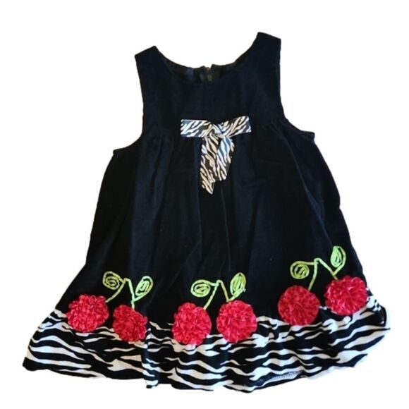 𝅺BONNIE JEAN Black Corduroy Dress with Zebra Design and Satin Cherries - Picture 1 of 3